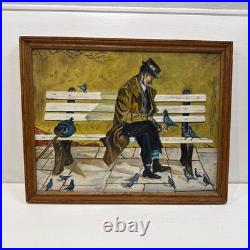 Outsider Art / Folk Art Original Oil Painting Hobo on bench with pigeons V Reed