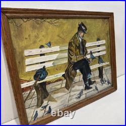 Outsider Art / Folk Art Original Oil Painting Hobo on bench with pigeons V Reed