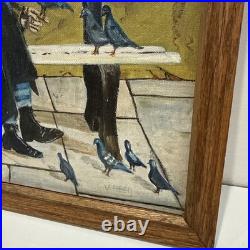 Outsider Art / Folk Art Original Oil Painting Hobo on bench with pigeons V Reed