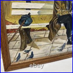 Outsider Art / Folk Art Original Oil Painting Hobo on bench with pigeons V Reed