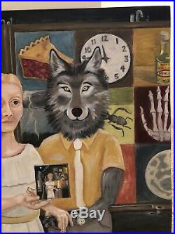Outsider Art oil painting folk art spiritual primitive Unknown Wolf And Woman