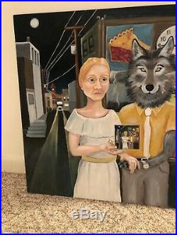 Outsider Art oil painting folk art spiritual primitive Unknown Wolf And Woman