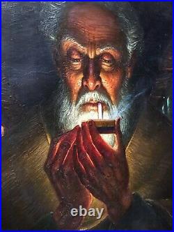 Outsider Folk Art Oil Painting Character Portrait Old Man & Cigarette Vintage