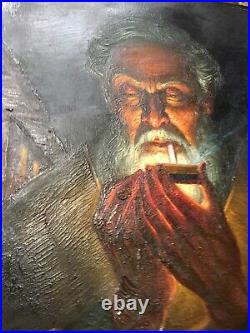 Outsider Folk Art Oil Painting Character Portrait Old Man & Cigarette Vintage