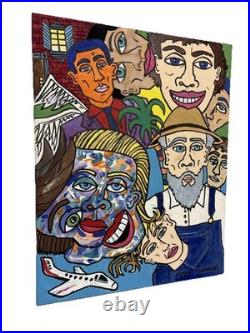 Outsider Folk Art Painting Original Colorful Faces Signed James Stonikas