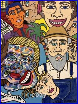 Outsider Folk Art Painting Original Colorful Faces Signed James Stonikas