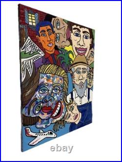 Outsider Folk Art Painting Original Colorful Faces Signed James Stonikas