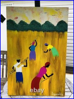 Outsider Folk Art Painting on Board GATHERING SWEETGRASS By Squeakie
