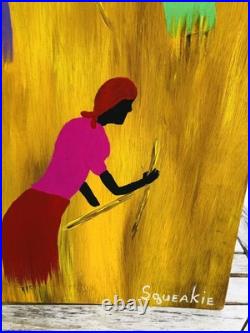 Outsider Folk Art Painting on Board GATHERING SWEETGRASS By Squeakie