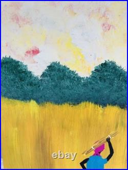 Outsider Folk Art Painting on Board GATHERING SWEETGRASS By Squeakie