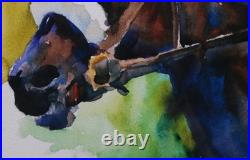 Outsider Folk Art Racing Horse and Jockey Original Watercolor by Ron Krajewski