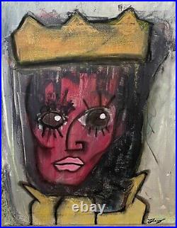 Outsider art PORTRAIT crown mixed media painting abstract naive folk signed