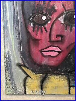 Outsider art PORTRAIT crown mixed media painting abstract naive folk signed