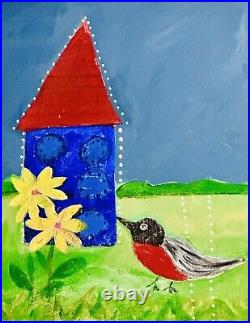 Outsider folk art original painting Fun/ Whimsical Birdhouse Blues R. Arenz