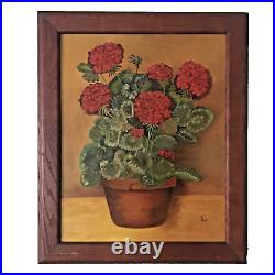PAINTING GERANIUMS FLORAL STILL LIFE FOLK ART COUNTRY PRIMITIVE FRAMED 24 x 20
