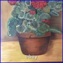 PAINTING GERANIUMS FLORAL STILL LIFE FOLK ART COUNTRY PRIMITIVE FRAMED 24 x 20