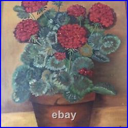 PAINTING GERANIUMS FLORAL STILL LIFE FOLK ART COUNTRY PRIMITIVE FRAMED 24 x 20