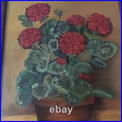PAINTING GERANIUMS FLORAL STILL LIFE FOLK ART COUNTRY PRIMITIVE FRAMED 24 x 20