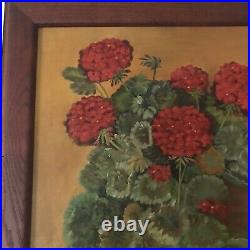 PAINTING GERANIUMS FLORAL STILL LIFE FOLK ART COUNTRY PRIMITIVE FRAMED 24 x 20