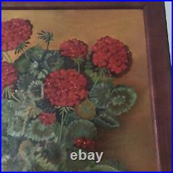PAINTING GERANIUMS FLORAL STILL LIFE FOLK ART COUNTRY PRIMITIVE FRAMED 24 x 20