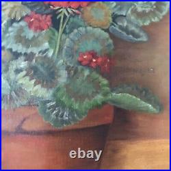PAINTING GERANIUMS FLORAL STILL LIFE FOLK ART COUNTRY PRIMITIVE FRAMED 24 x 20