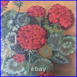 PAINTING GERANIUMS FLORAL STILL LIFE FOLK ART COUNTRY PRIMITIVE FRAMED 24 x 20
