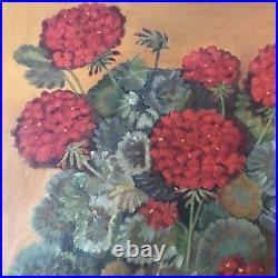 PAINTING GERANIUMS FLORAL STILL LIFE FOLK ART COUNTRY PRIMITIVE FRAMED 24 x 20
