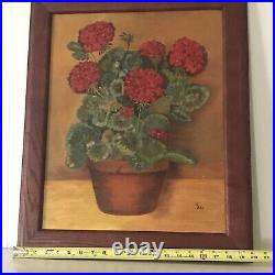 PAINTING GERANIUMS FLORAL STILL LIFE FOLK ART COUNTRY PRIMITIVE FRAMED 24 x 20