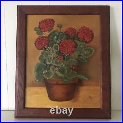 PAINTING GERANIUMS FLORAL STILL LIFE FOLK ART COUNTRY PRIMITIVE FRAMED 24 x 20