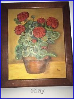 PAINTING GERANIUMS FLORAL STILL LIFE FOLK ART COUNTRY PRIMITIVE FRAMED 24 x 20