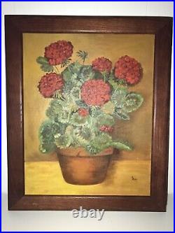 PAINTING GERANIUMS FLORAL STILL LIFE FOLK ART COUNTRY PRIMITIVE FRAMED 24 x 20