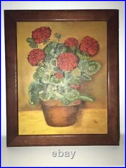 PAINTING GERANIUMS FLORAL STILL LIFE FOLK ART COUNTRY PRIMITIVE FRAMED 24 x 20