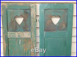 PAIR 19th C EARLY PRIMITIVE FOLK ART HEART SHUTTER DOORS OLD BLUE GREEN PAINT