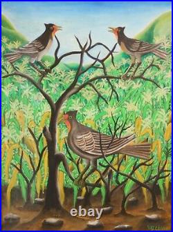 PIERRE JOSEPH VALCIN-Haitian Artist-Original Signed Acrylic-Birds and Trees