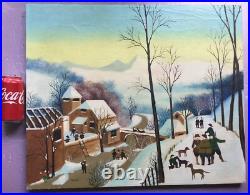 PRIMITIVE FOLK painting of Village in Winter by Tanus or Janus