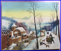 PRIMITIVE FOLK painting of Village in Winter by Tanus or Janus