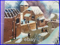 PRIMITIVE FOLK painting of Village in Winter by Tanus or Janus