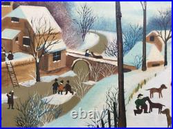 PRIMITIVE FOLK painting of Village in Winter by Tanus or Janus