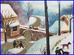 PRIMITIVE FOLK painting of Village in Winter by Tanus or Janus