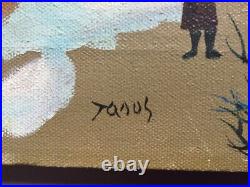 PRIMITIVE FOLK painting of Village in Winter by Tanus or Janus