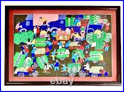 Painting Harvest Day Vintage Peruvian Folk Art Framed and Glass Protected