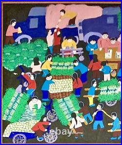 Painting Harvest Day Vintage Peruvian Folk Art Framed and Glass Protected
