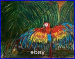 Painting Jungle Folk Art Vintage Original Colorful Parrot Spreading Wing M Geogh
