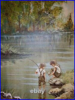 Painting Thomas Pell two boys fishing oil on canvas antique art Southern America