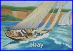 Painting Yacht Racing California Folk Art Naive Vintage Crew Work La Jolla Young