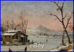 Pair 19thC Antique Miniature Folk Art Oil Painting Winter Snow Country Landscape