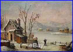 Pair 19thC Antique Miniature Folk Art Oil Painting Winter Snow Country Landscape