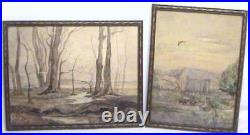 Pair 2 Antique 1900 American Folk Art Painting Rural New York Farm Cow Landscape