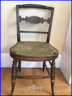 Pair Antique Bentwood Folk Art Stencil Painted Chairs Early Hitchcock Rush Seat