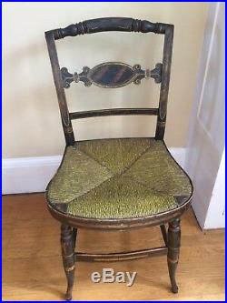 Pair Antique Bentwood Folk Art Stencil Painted Chairs Early Hitchcock Rush Seat